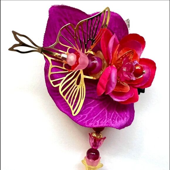 Artist Made ECSTATIC Pink Red Party Festival Rave Flower HairClip Decor Tassel